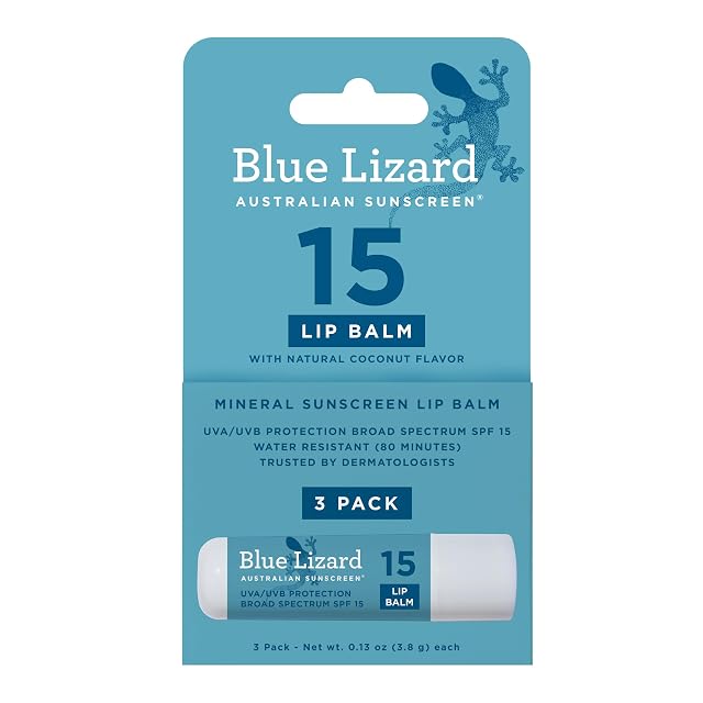BLUE LIZARD Mineral SPF 15 Lip Balm 3-Pack Broad Spectrum Sun Protection Natural Coconut Flavor 8 Natural Oils