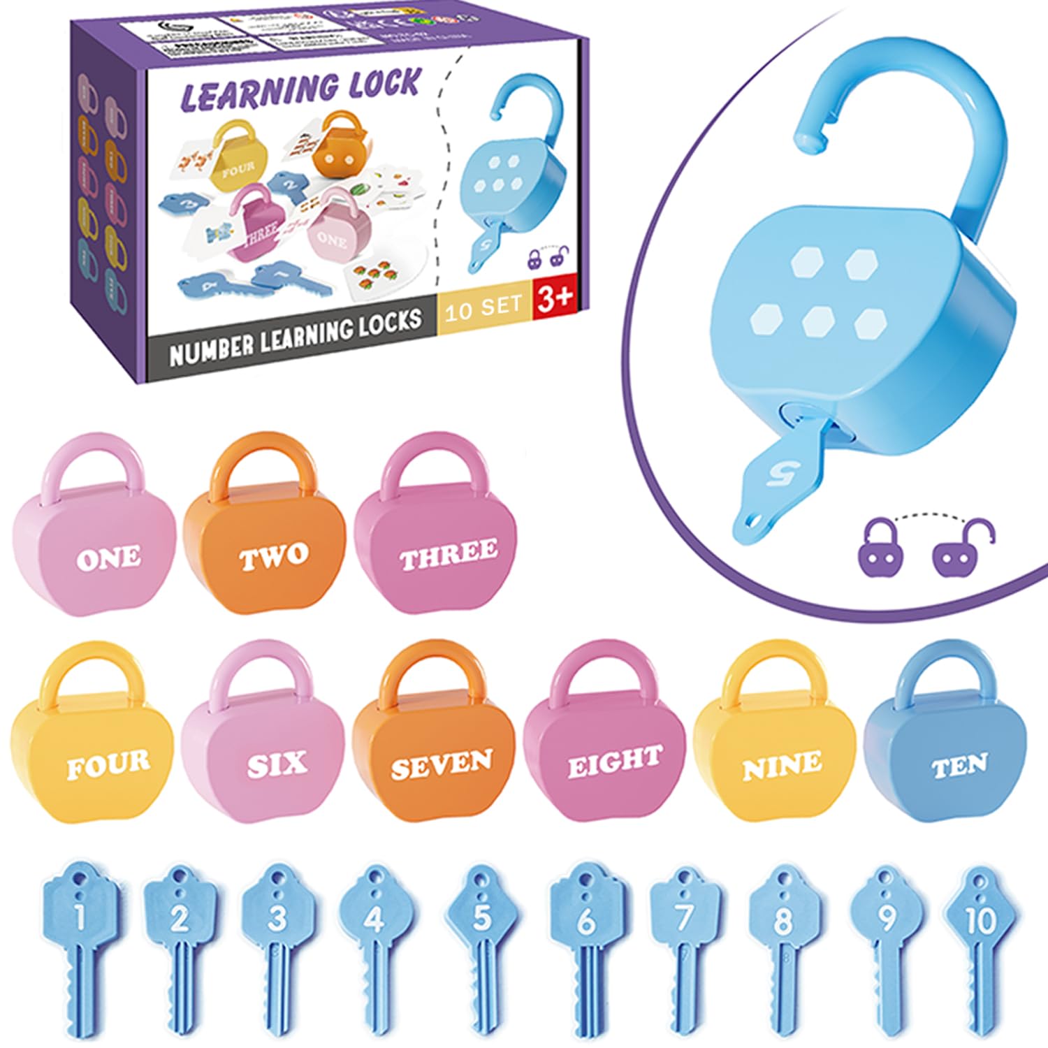 GEERAY Cause and Effect Toys for Toddlers 3+, Montessori Lock & Key Set with 10 Apple-Shaped Locks, Keys & 20 Cards - Learn Numbers, Colors & Motor Skills STEM Toy Gift for Home & Classroom