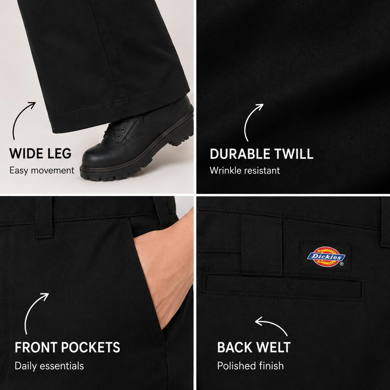 Dickies Pantaloni da lavoro da donna a gamba larga, vita media, vestibilità regolare, con tasche, per ufficio, uniformi, uso casual, nero, 50