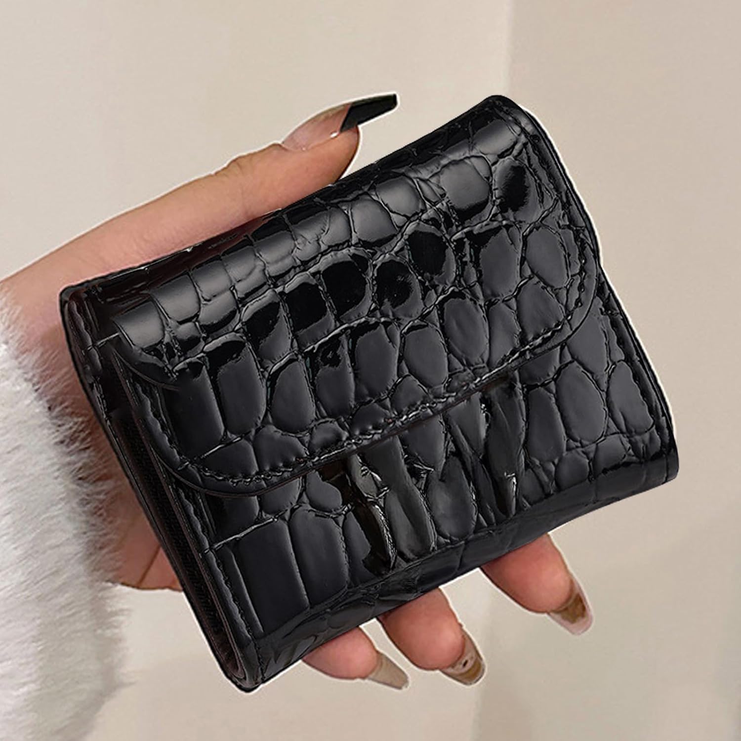 RFID Blocking PU Leather Credit Card Holder Wallet for Women, Black Compact Accordion Card Case with Multiple Slots, Small Buckle Coin Purse, Stone Litchi Pattern ID Card Organizer - Image 3