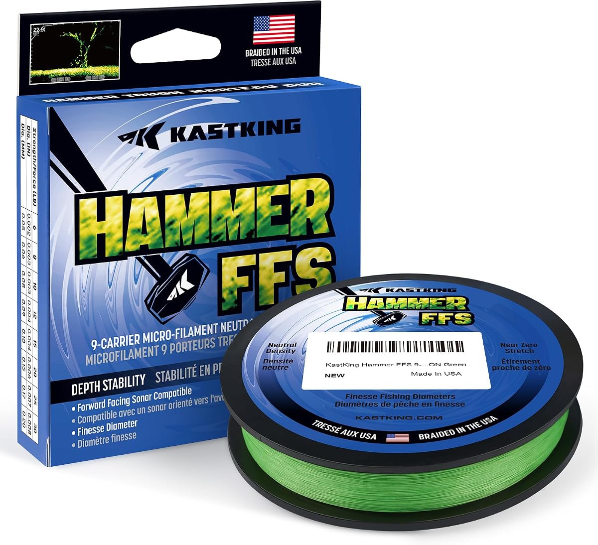 Línea de pesca trenzada KastKing Hammer FFS, delicadeza de densidad neutra | Diámetro ultrafino, trenza redonda de 9 portadores, fundición suave, alta resistencia al nudo, estiramiento cero, alta sensibilidad, no destiñe