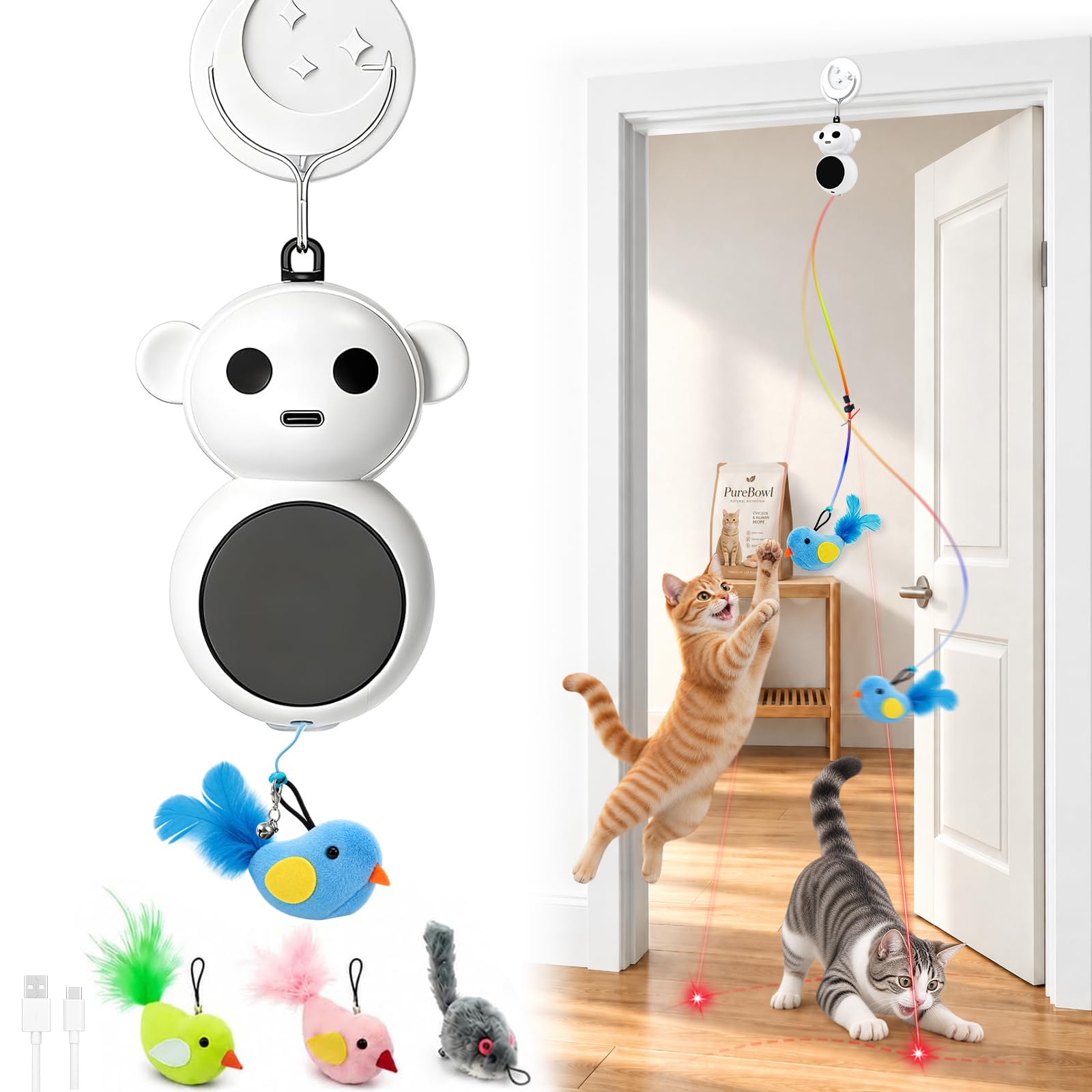 2-in-1 Interactive Laser Pointer Cat Toy &amp; Flying Bird Wand for Indoor Cats