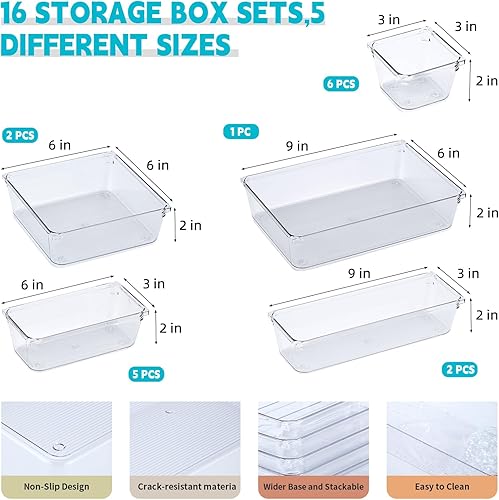 Miniatura 3 de Juego de organizadores de cajones de plástico transparente, paquete de 16 bandejas organizadoras versátiles de 5 tamaños y contenedores de