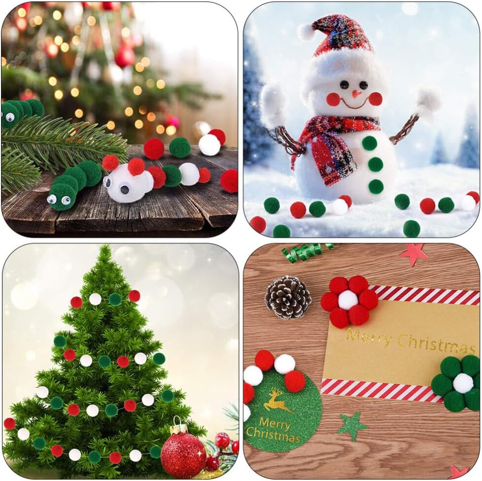 Beavorty Christmas Pom Poms Balls 1000pcs Red Green White Pompoms Miniature Pom Poms for DIY Crafts, Ornament Fillers, Gift Wrapping, Home Christmas Tree Decorations (3 Color, 2cm)