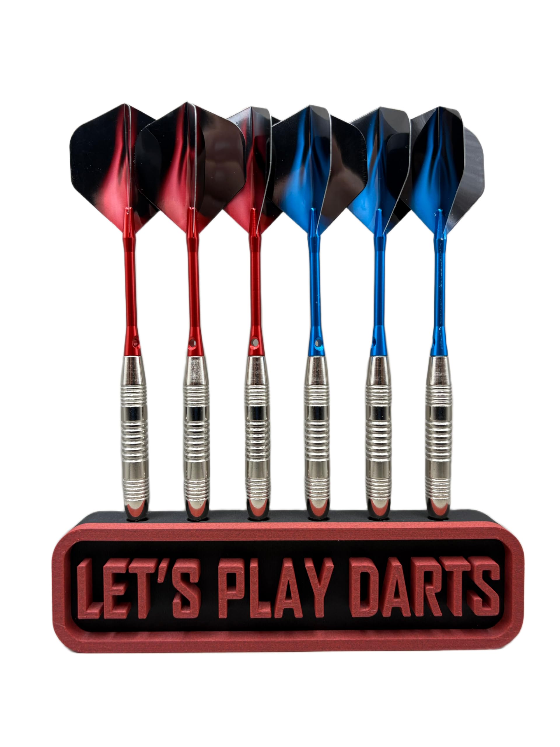 Manio 3DP Dart Holder for 6 Darts βLetβs Play Dartsβ β Wall Mounted or Freestanding Dart Stand, 3D Printed PLA CF, Matte Finish β Screws & Wall Plugs Included (Black/Red)