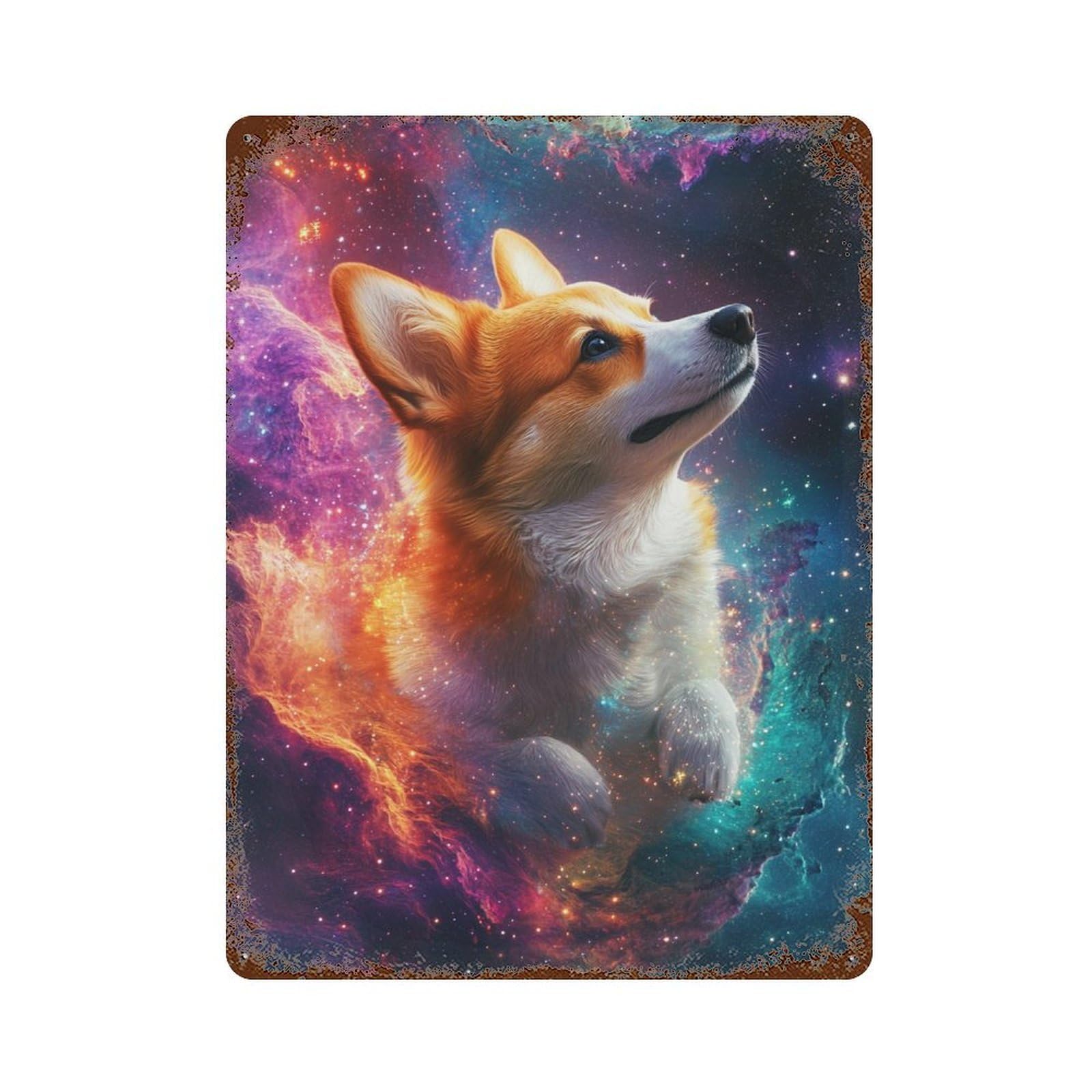 Distressed Metal Wall Sign with Cosmic Corgi Adventure-8 Design 15.7"x11.8", for Shed, Workshop And Garage Wall Decor, Decorative Metal Wall Art