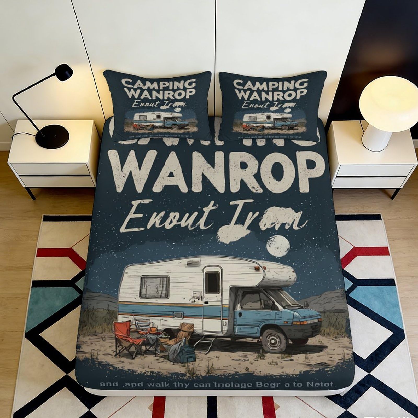 3D Printed Camping Van Fitted Sheet Microfiber Soft Durable Night Sky Bed Cover for Bedroom Dormitory Guest Room Mattress Protection 120x200x25cm