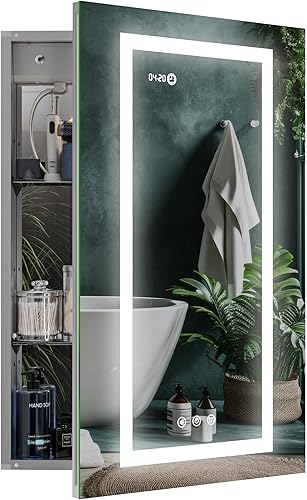 Botiquín con luz LED frontal y retroiluminada, colores regulables, reloj y temperatura, salidas USB, interruptor remoto, espejo de desempañamiento