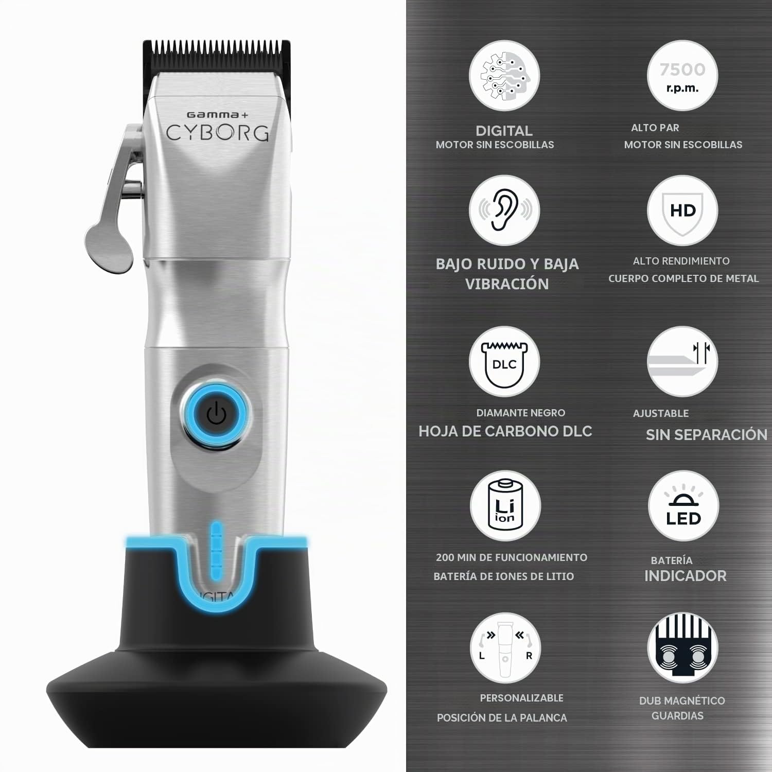 GAMMAPIU' Cyborg Cortapelos Hombre Profesional, Cortadora de Pelo con Motor Brushless, 2 Palancas de Ajuste Espacio Cero, 200 Minutos Autonomía Sin Cable, Base de Carga, 8 Peines, Cuerpo Metálico