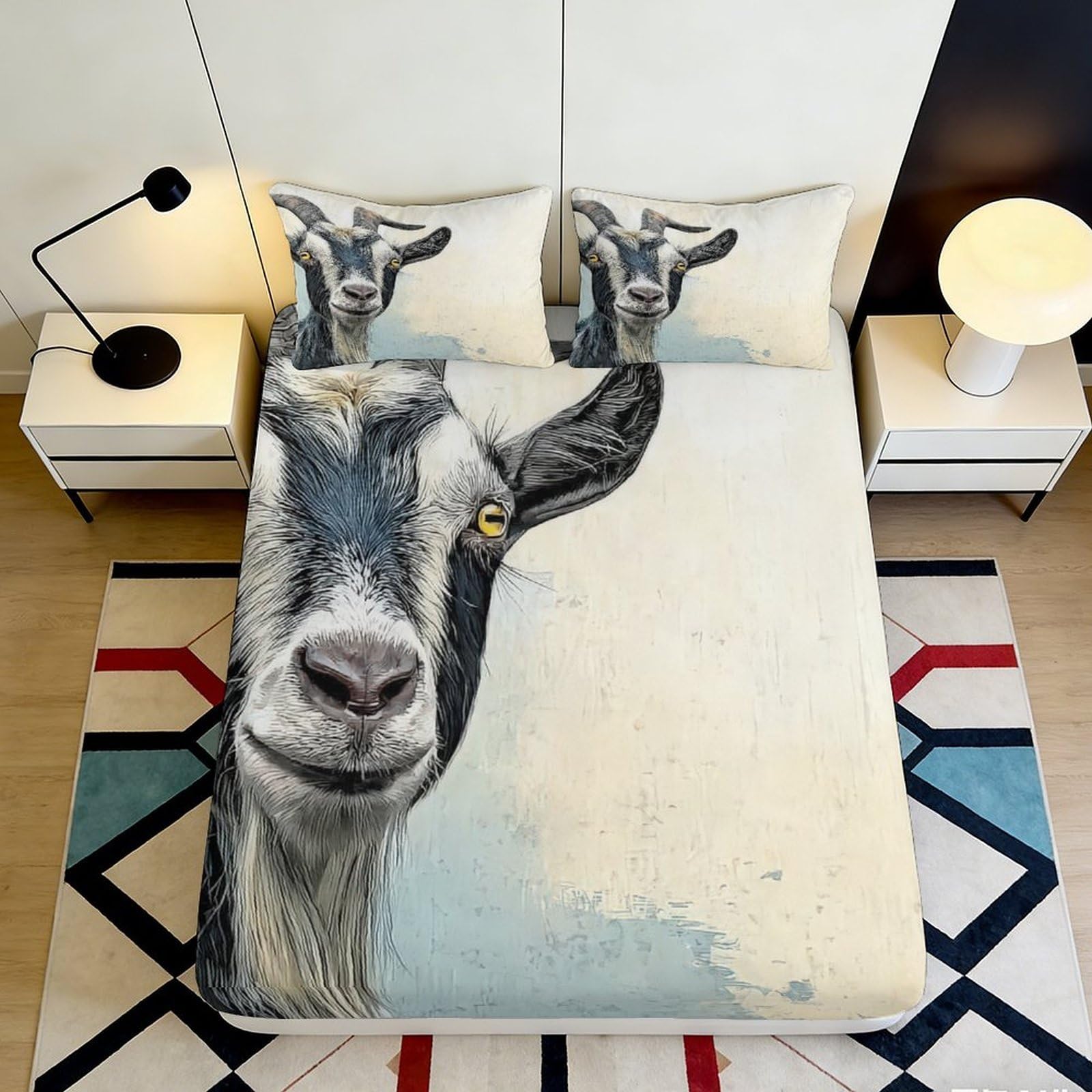 Decorative Goat Design Fitted Sheet 3D Printed Soft Touch Microfiber Bed Cover for Bedroom Apartment Bedding 180x200x25cm