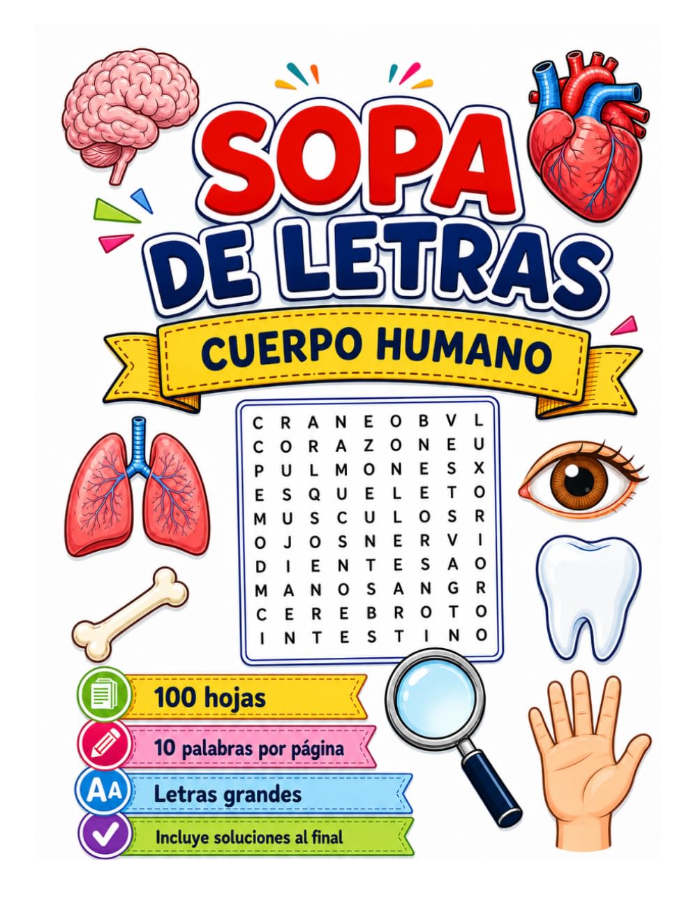 Sopa de Letras del Cuerpo Humano: Aprende y Diviértete: Descubre órganos, huesos, músculos y sistemas del cuerpo humano
