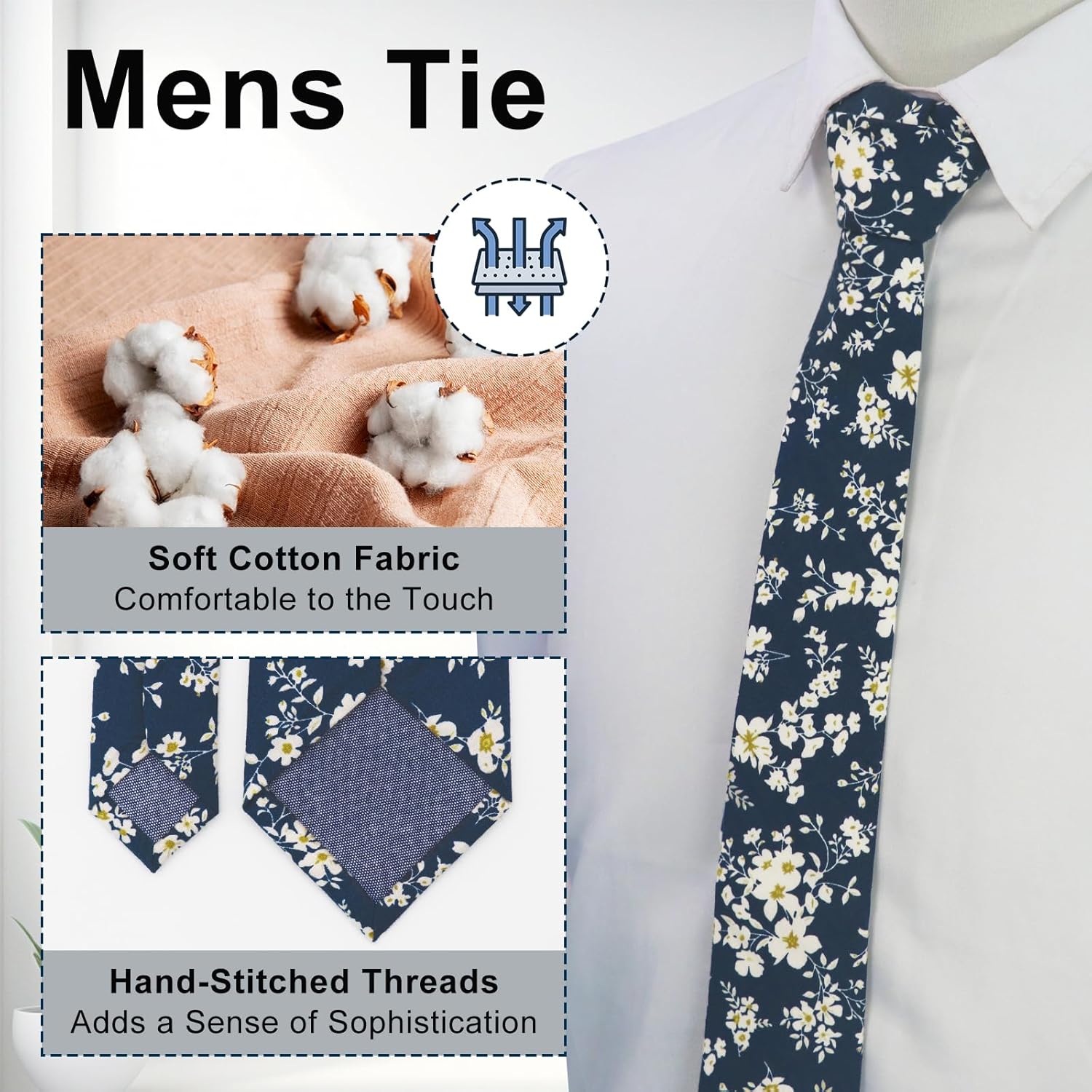 Ties for Men, Sage Green Cotton Floral Tie 2.76" Flower Printed Men's Neckties for Wedding/Groomsmen/Suit/Party - Image 2