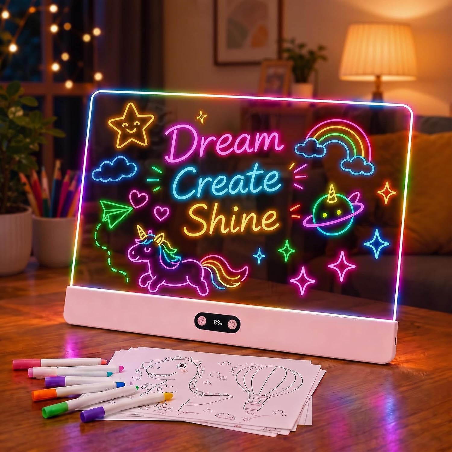 Lavagna LED Bambini con Indicatore Batteria Digitale, 35 x 26 cm, 8 Colori e 7 Penne Neon, Tavoletta Luminosa Riscrivibile per Disegno Creativo, Regalo Bambini, Ufficio, Bar e Decorazione (Rosa)