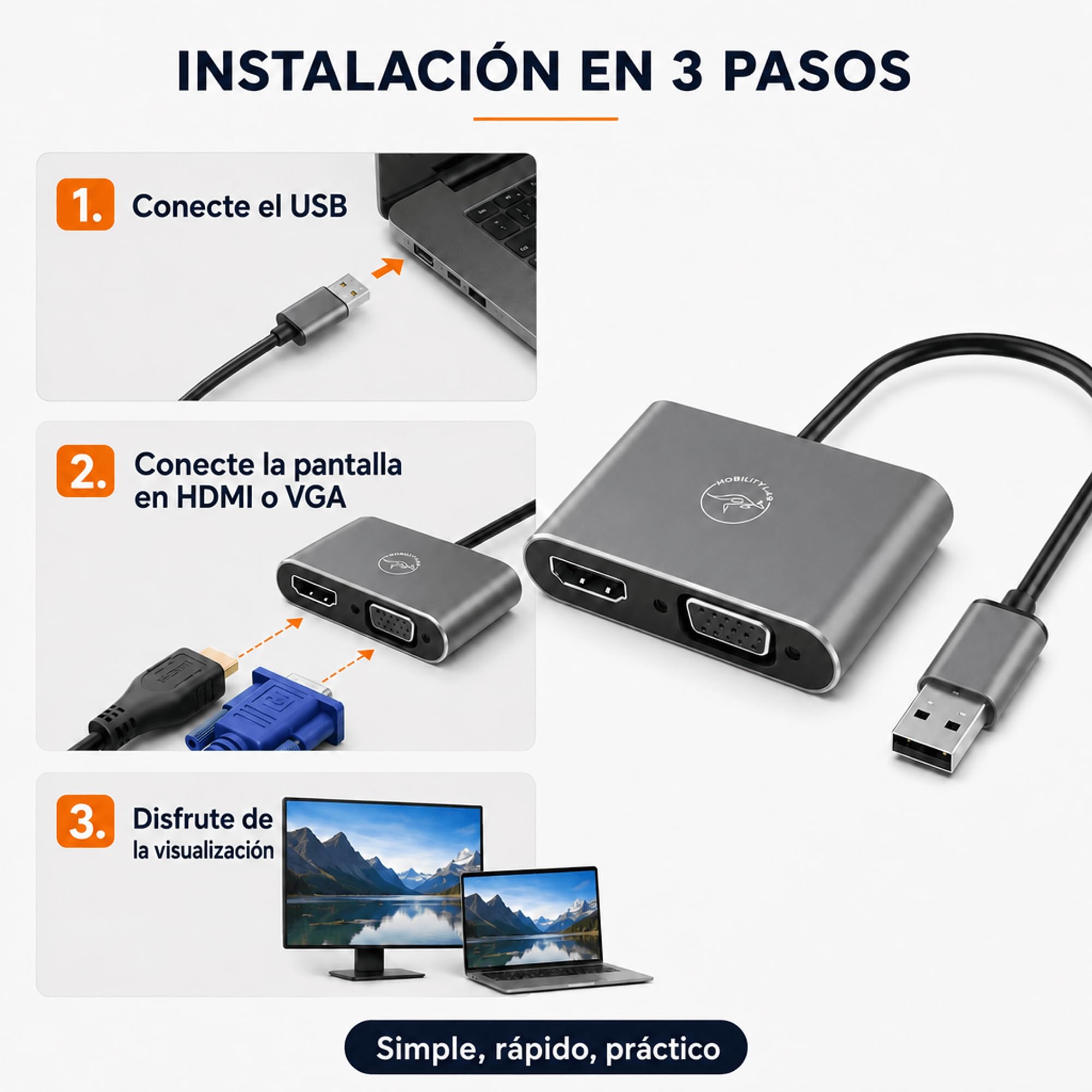 Mobility Lab Adaptador USB 3.0 a HDMI y VGA - Conexión de Alta Resolución 1920 x 1080p para macOS y - Ideal para Presentaciones, Juegos, Películas - Plug & Play - Sin Necesidad de Software