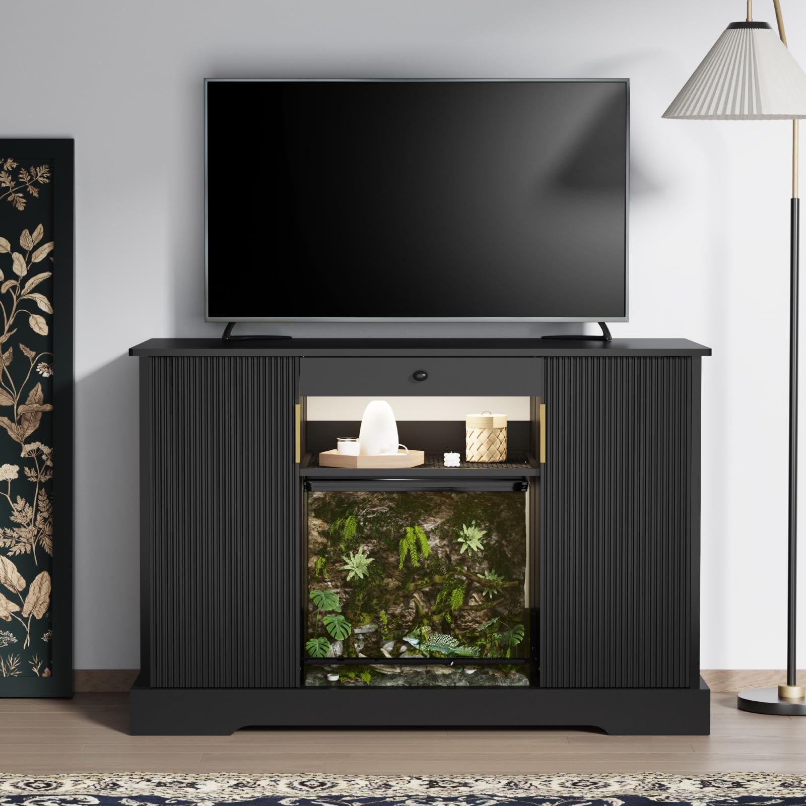 Reptilien Tank Ständer, Holzgestell für Aquarium, Aquarium Unterschrank, Terrarienständer mit Stauraum, Aquariumschrank für das Wohnzimmer, 120 x 60 x 80 cm, Schwarz