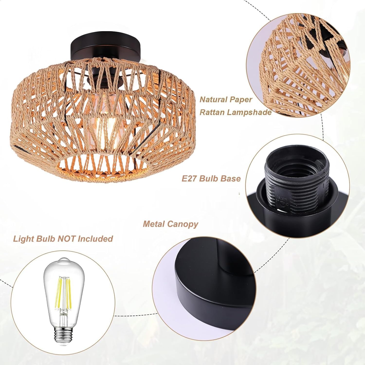 Luces De Techo Tejidas A Mano Boho Rattan Natural E27 Lámpara De Techo