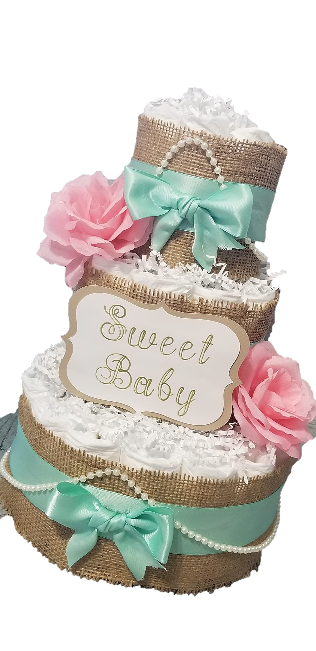 Shabby Chic Burlap Diaper Cake - 3 Tier - Baby Shower Gift (Mint Green/Pink, Coral Pink, Blush Pink, Baby Blue, Teal, Turquoise, Peach Options)
