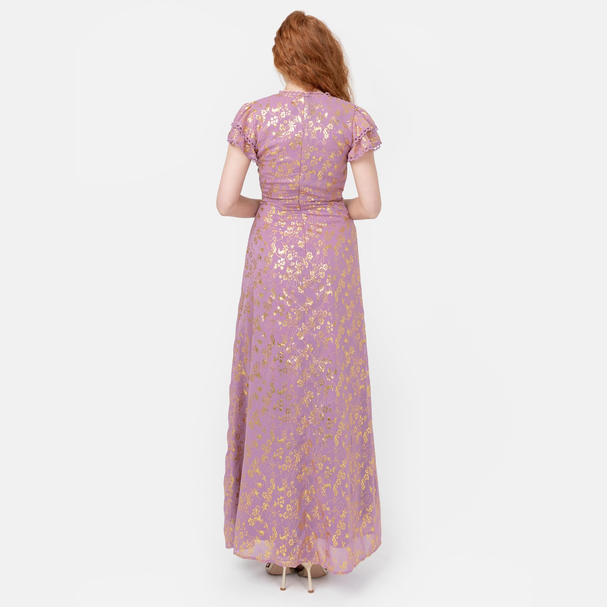 Maya Deluxe Damska sukienka maxi damska owijana dekolt w serek krótki rękaw trzepotany złoty folia żakardowy gorset w kształcie litery A Prom Ball Gown, różowa orchidea 44, Różowa orchidea, 42