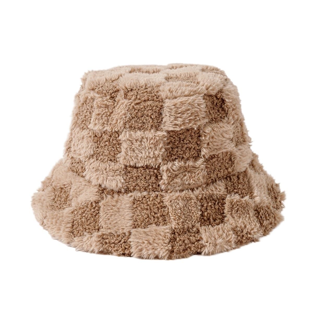 Chapeau cloche à damier en peluche femme | Ne craignez plus le vent