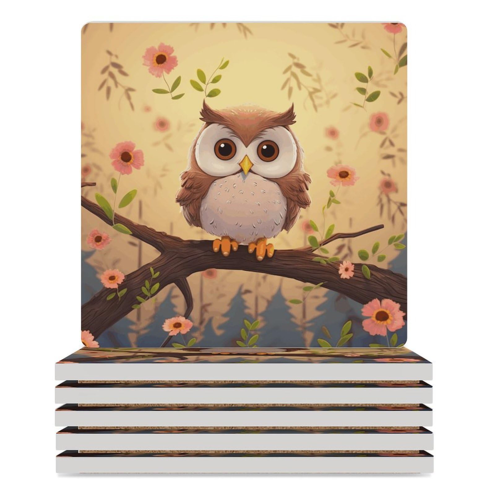 Dessous de verre en céramique hibou lot de 6 avec support pour table