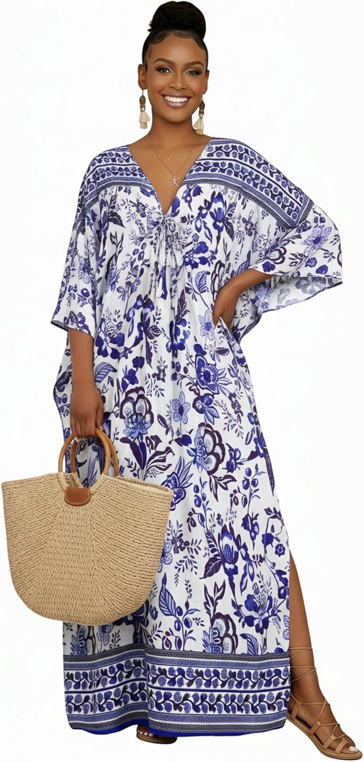 Bsubseach Kaftan Dresses for Women Floral Printed Plus Size Beach Cover Up Maxi Batwing Sleeves MooMoo Caftan Dress - Image 4