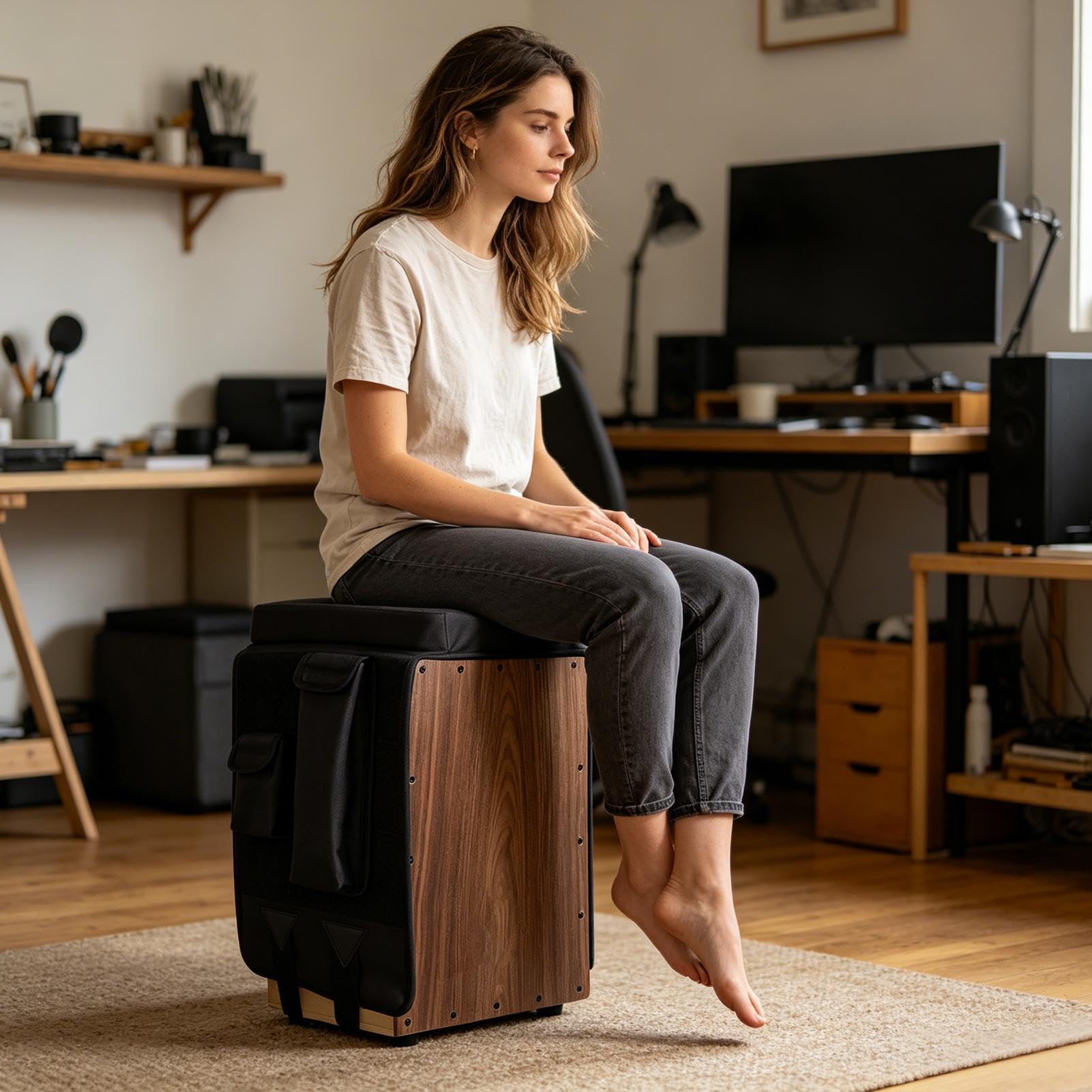 Seduta per Tamburo a Cajon - Regolabile e Antiscivolo con 2 Tasche Laterali - Cuscino Imbottito Cajon - Ideale Per Musicisti, Percussionisti Mobili, Sale Prove Scolastiche E Studio Di Registrazione