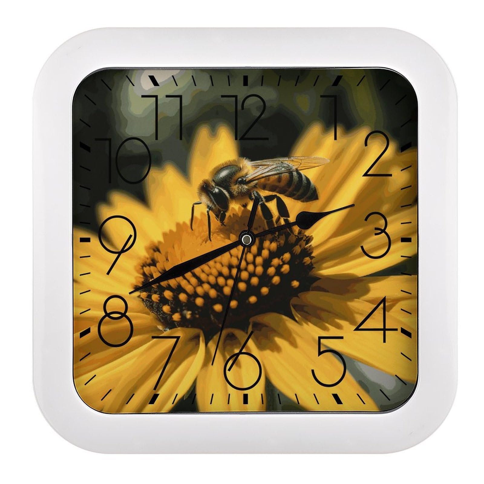 FekiLoot Square Yellow Flower with Black Bee Wall Clock Decorative Battery Operated Analog Clocks Silent Non-Ticking Frame Wall Clocks Perfect Kitchen Or Office Clock 10 Inch