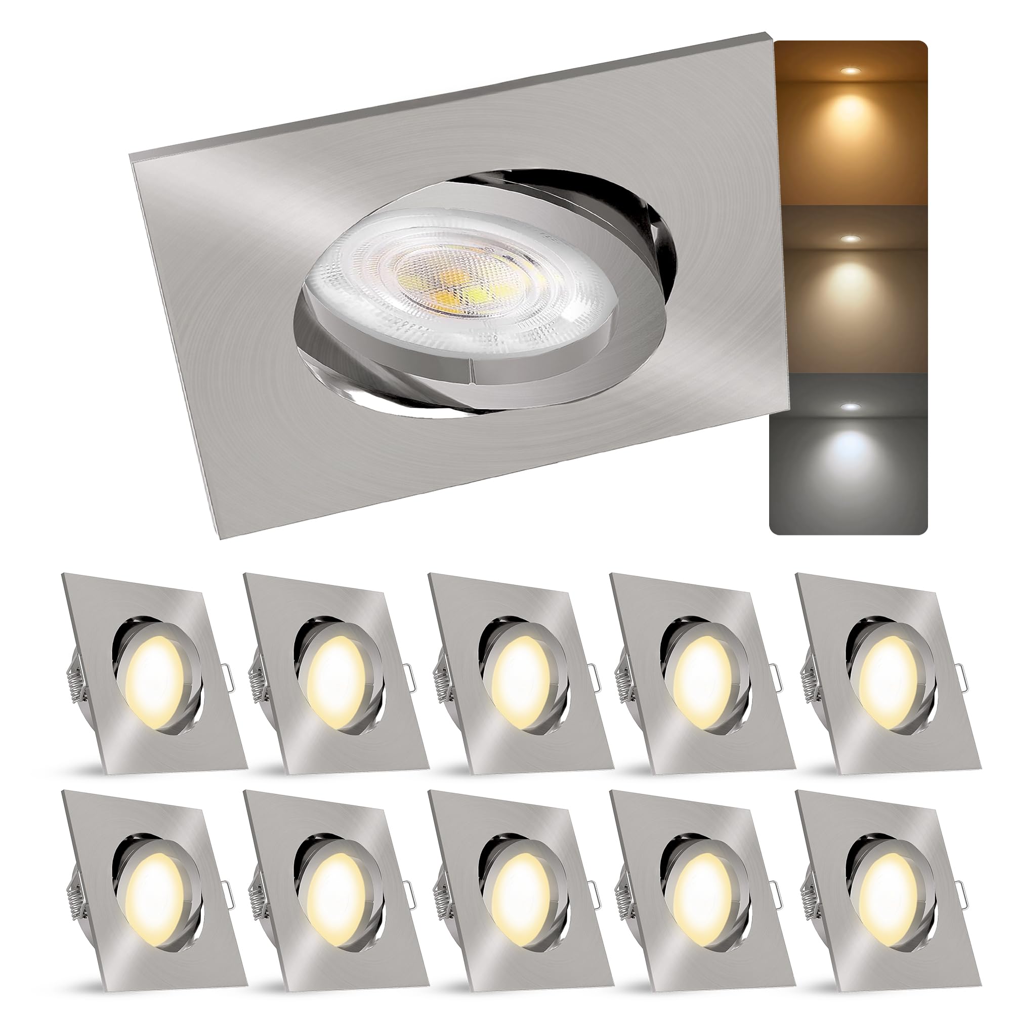 linovum Einbaustrahler LED flach eckig schwenkbar mit LED 4W 3CCT Lichtmodi warm, neutral, kalt Deckenspot mit Ø 68 mm quadratisch