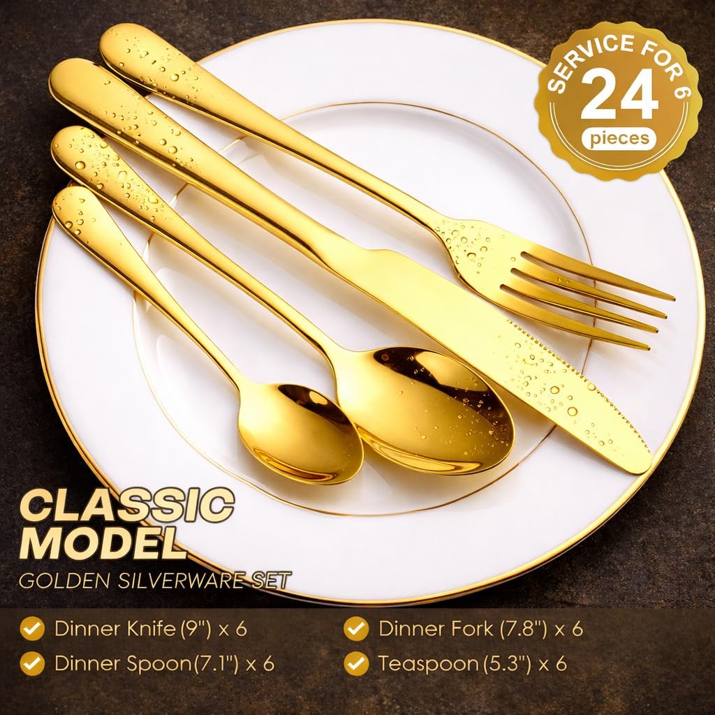 Chandler 24-Piece Gold Silverware Set for 6 with Wooden Storage Case, Stainless Steel 410 (18/0) Flatware Set, Mirror Polish Heavy Duty Cutlery Set – Knives, Forks, Spoons & Teaspoons, Dishwasher Safe