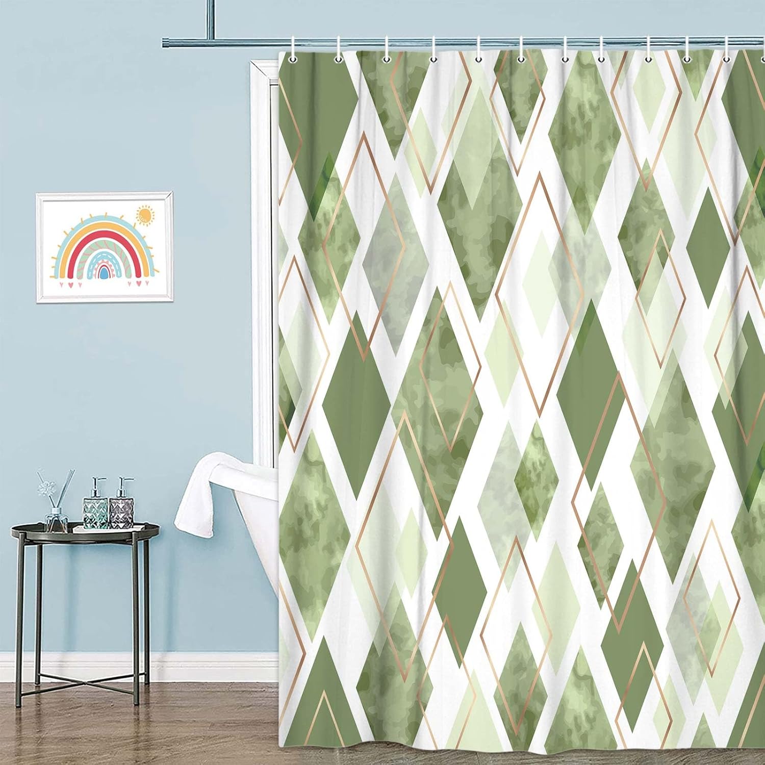 Sage Green Shower Curtain Set, Modern Geometric Diamond Pattern Print Art Decor Waterproof Bath Curtain, Green Gold Abstract Fabric Polyester Shower Curtains with Hooks for Bathroom,72X78IN