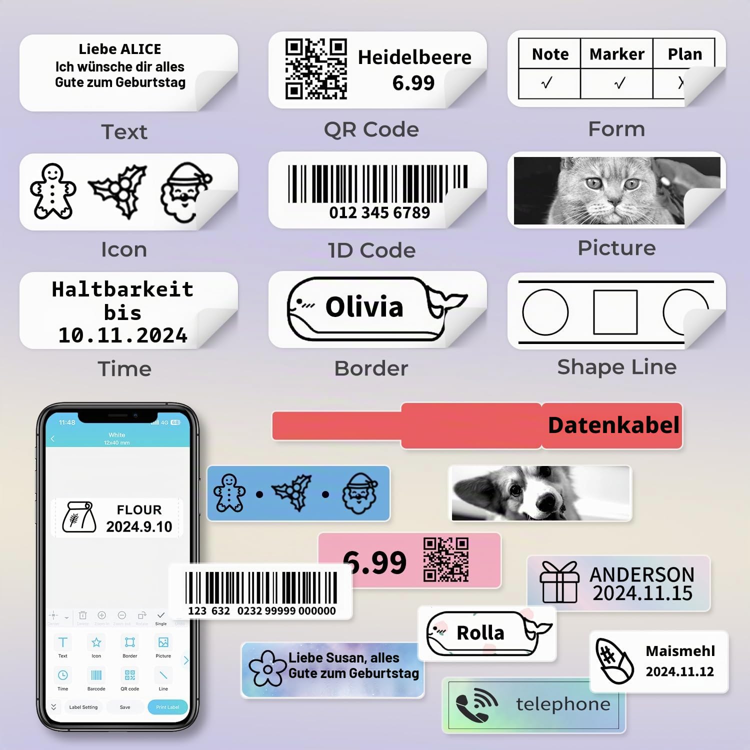 Phomemo D30 Etikettendrucker Bluetooth Etikettiergerät Beschriftungsgerät Selbstklebend Labelmaker mit 5 Rollen etikettenpapier Geschenkbox,Mini Label Printer Geeignet für Haushalt und Büro(Violett)