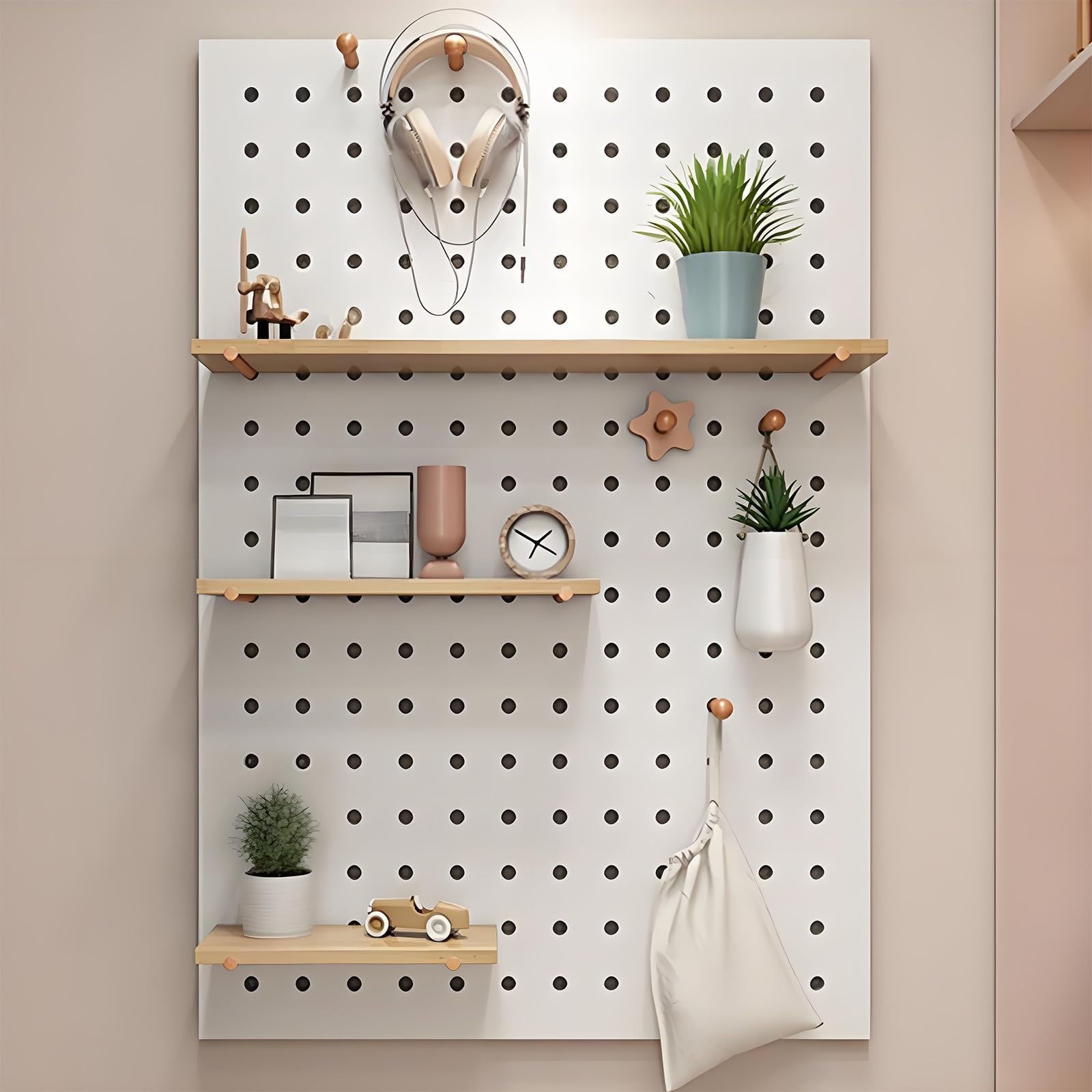 Porta Attrezzi da Parete, Kit di Combinazione di Pannello Forato in Legno Massello, Mensola Espositiva per Ingresso, Soggiorno, Ufficio, Casa(White)