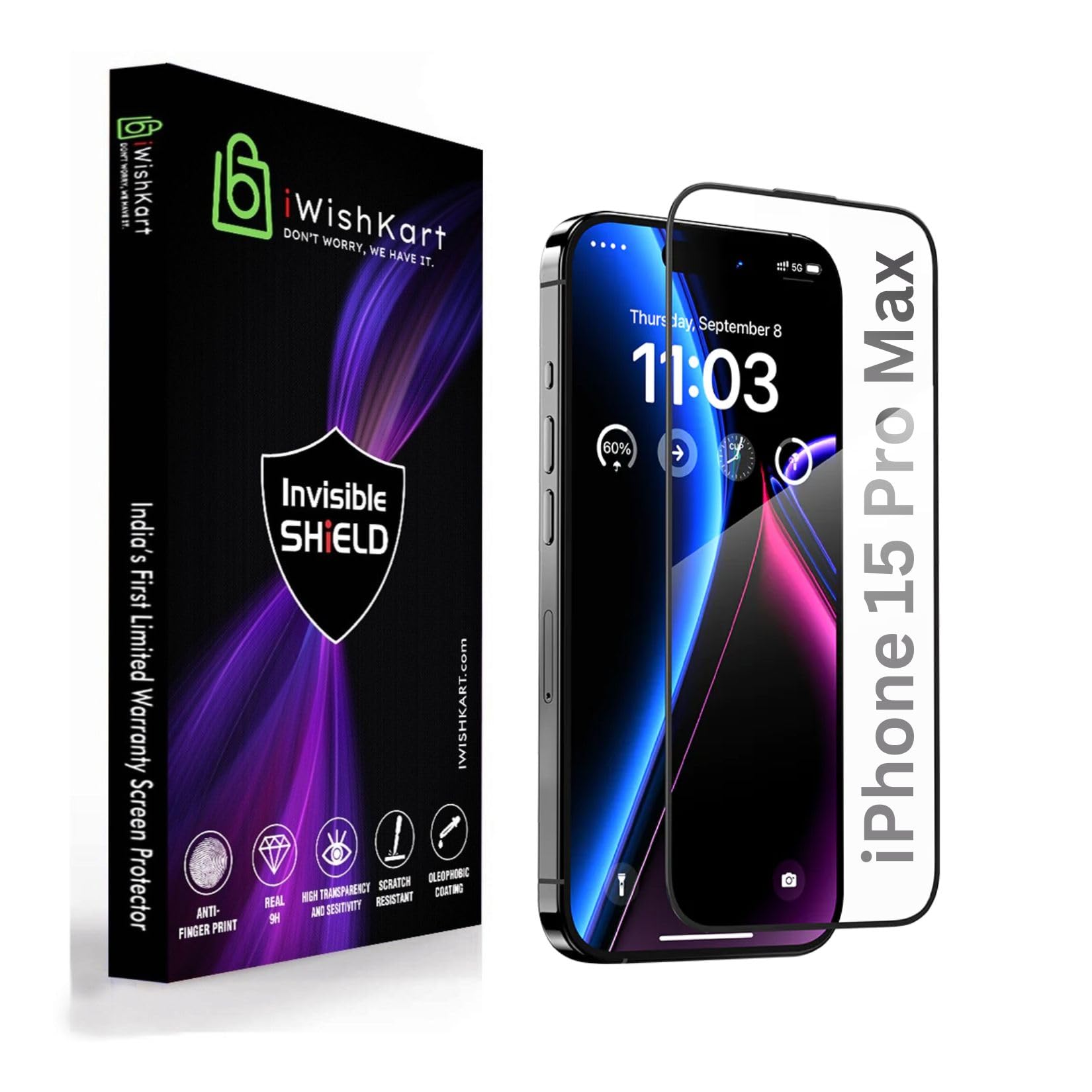 iWishKart [With warranty] ZiS iPhone 15 Pro Max 5G Tempered Glass screen protector guard Full Edge to Edge 9H Full Glue FHD with Easy Installation kit - Pack of 1