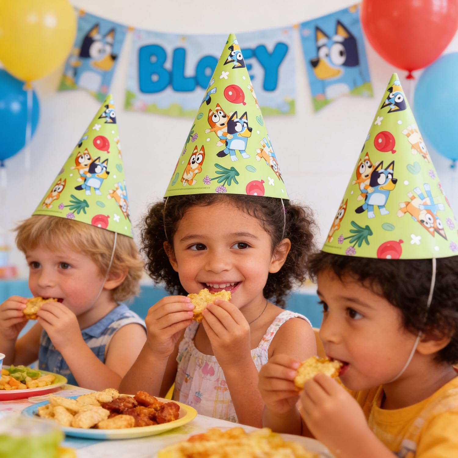 Bluey & Bingo Paper Party Hats, 4.25" x 6", 8-Count Cone Hats with Elastic for Kids’ Birthday Parties