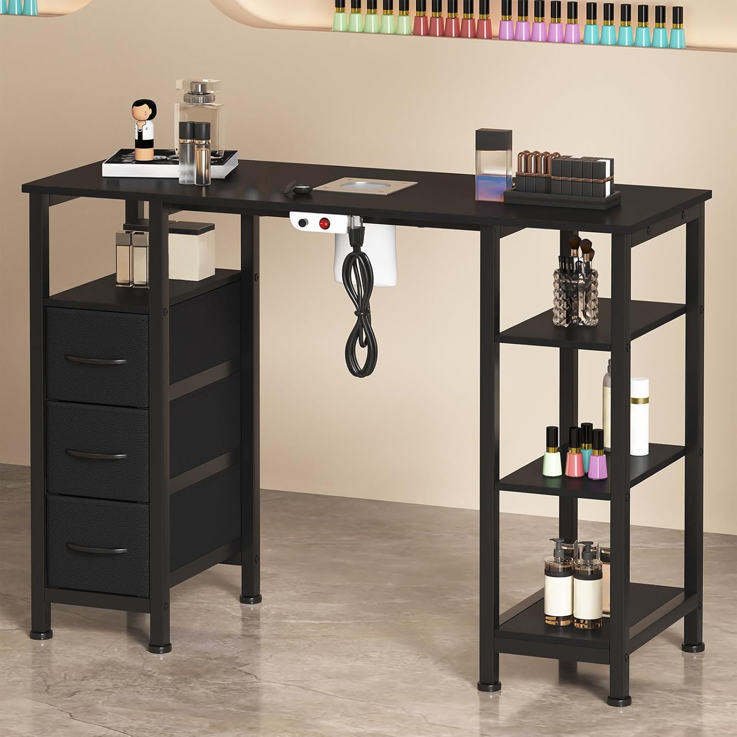 Nail Desk for Nail Tech w/Electric Dust Collector, Manicure Table w/3 Storage Drawers & 3 Open Shelves for Beauty Salon Tech Station