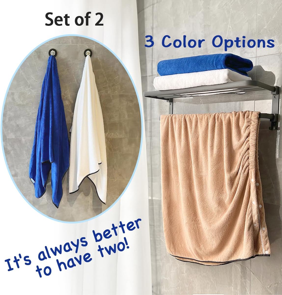 kilofly 2pc Men's Adjustable Shower Wrap Bath Towel with Snap Closure 26 x 54 inch