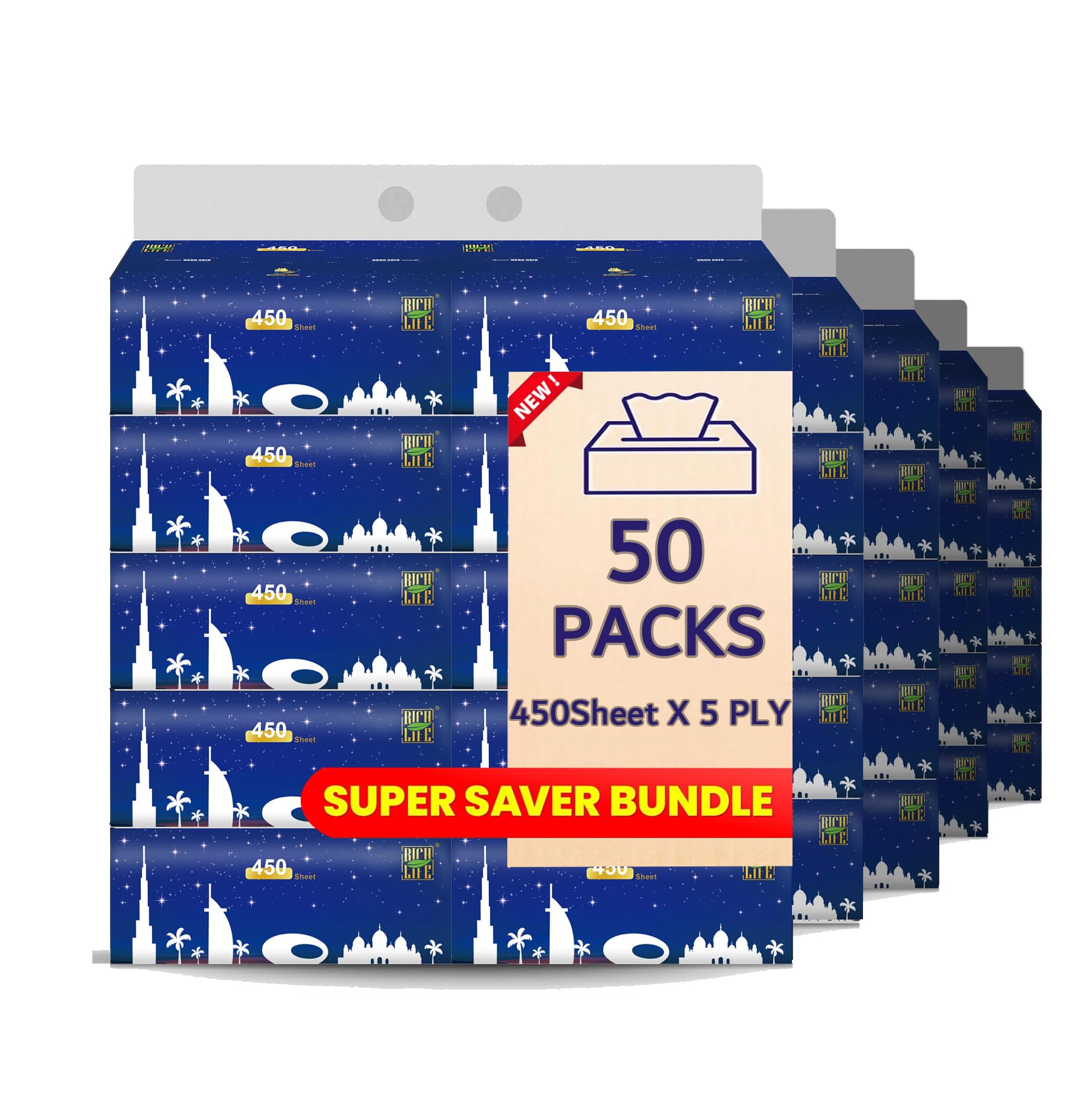 – Facial Tissue, 50 packs, 90 sheets, 5-ply, total 450 pcs, 156 × 175 mm, 100% Raw Wood Pulp, designed for everyday use, RAXINJS