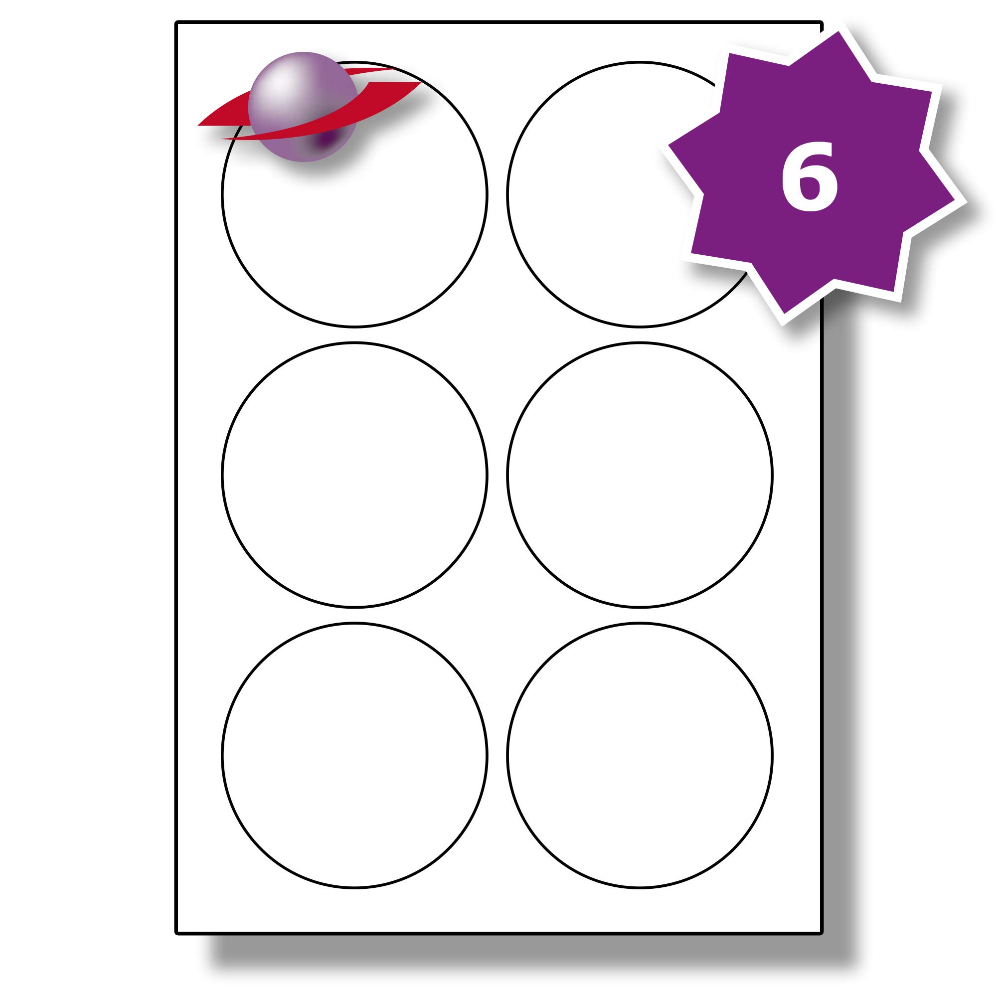 Label Planet® 6 Per Page/Sheet, 50 Sheets (300 Round Sticky Labels), White Blank Plain Matt Self-Adhesive A4 Circular Circle Permanent, for All Desktop Printers, UK LP6/80R 80mm