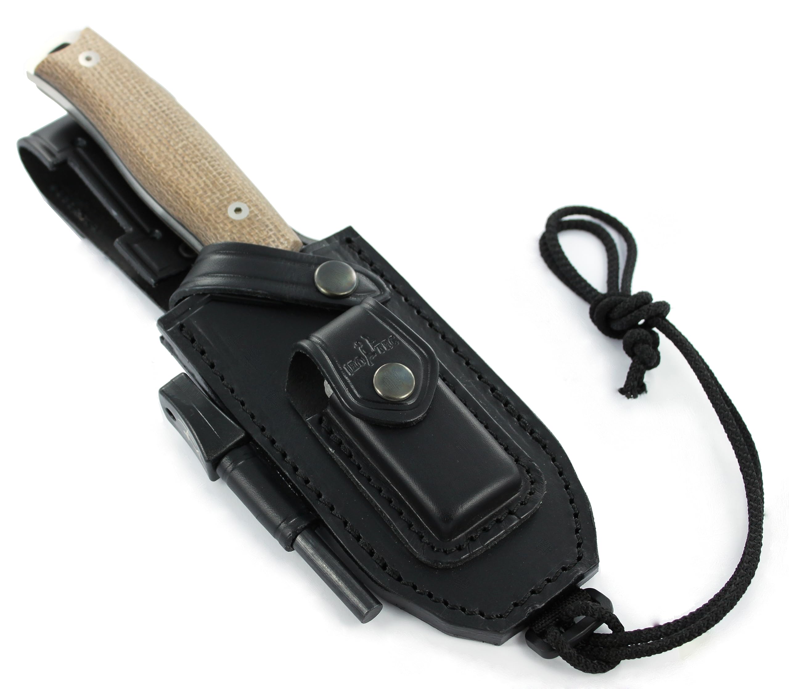 JEO-TEC Nº21 Nóż Bushcraft, nóż do paska na zewnątrz, nóż myśliwski, nóż survivalowy wielofunkcyjny , stałe ostrze, BÖHLER N690C, z naturalna skorzana osłona + krzesiwo + ostrzalka do noży , recznie robiony w Hiszpanii