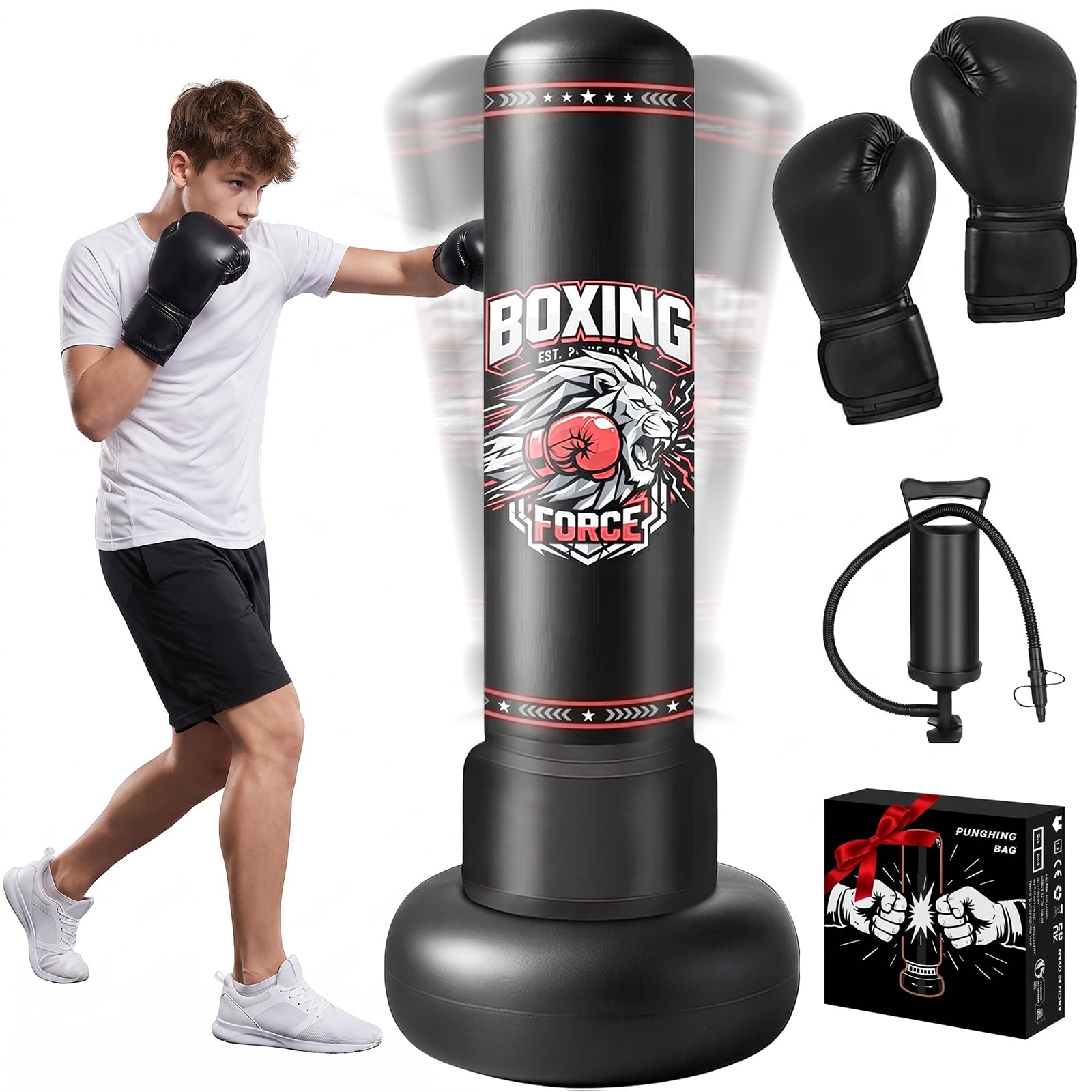 Punching Bag for Kids, Qoosea 170cm Inflatable Boxing Bag Set with Gloves and Air Pump, Free Standing Punch Bags Gifts for Boys and Girls, Boxing Set for Practicing Karate, Taekwondo, MMA