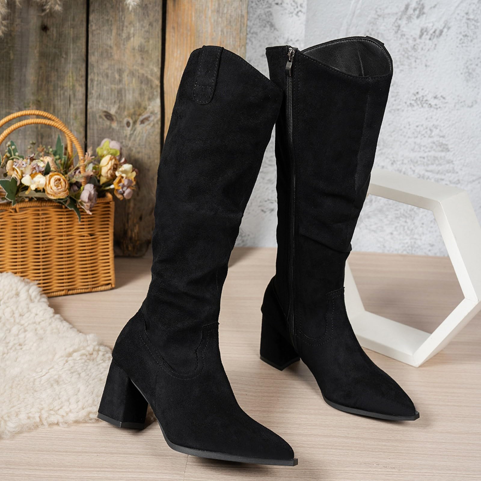 Botas por Encima de la Rodilla Botas de Mujer la Marca Foreign Trade para otoño e Invierno, Estilo Cowboy, con tacón Grueso, tacón bajo y Altas.