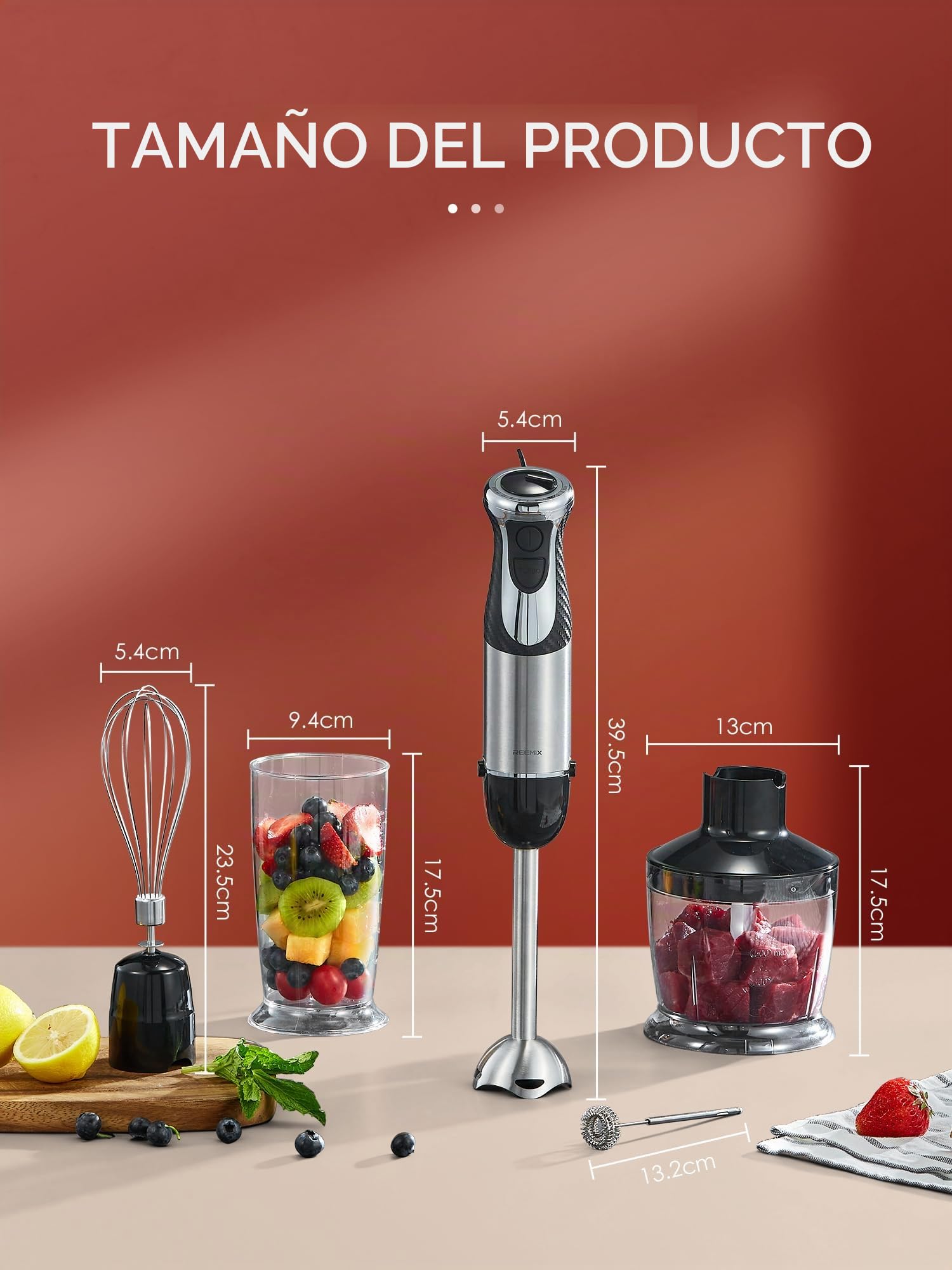 Batidora de Mano 5 en 1 de 1000W, Batidora de Inmersión Profesional con 12 Velocidades y Función Turbo, Incluye Picadora de 500ml, Vaso Medidor de 600ml, Batidor de Varillas y Espumador de Leche