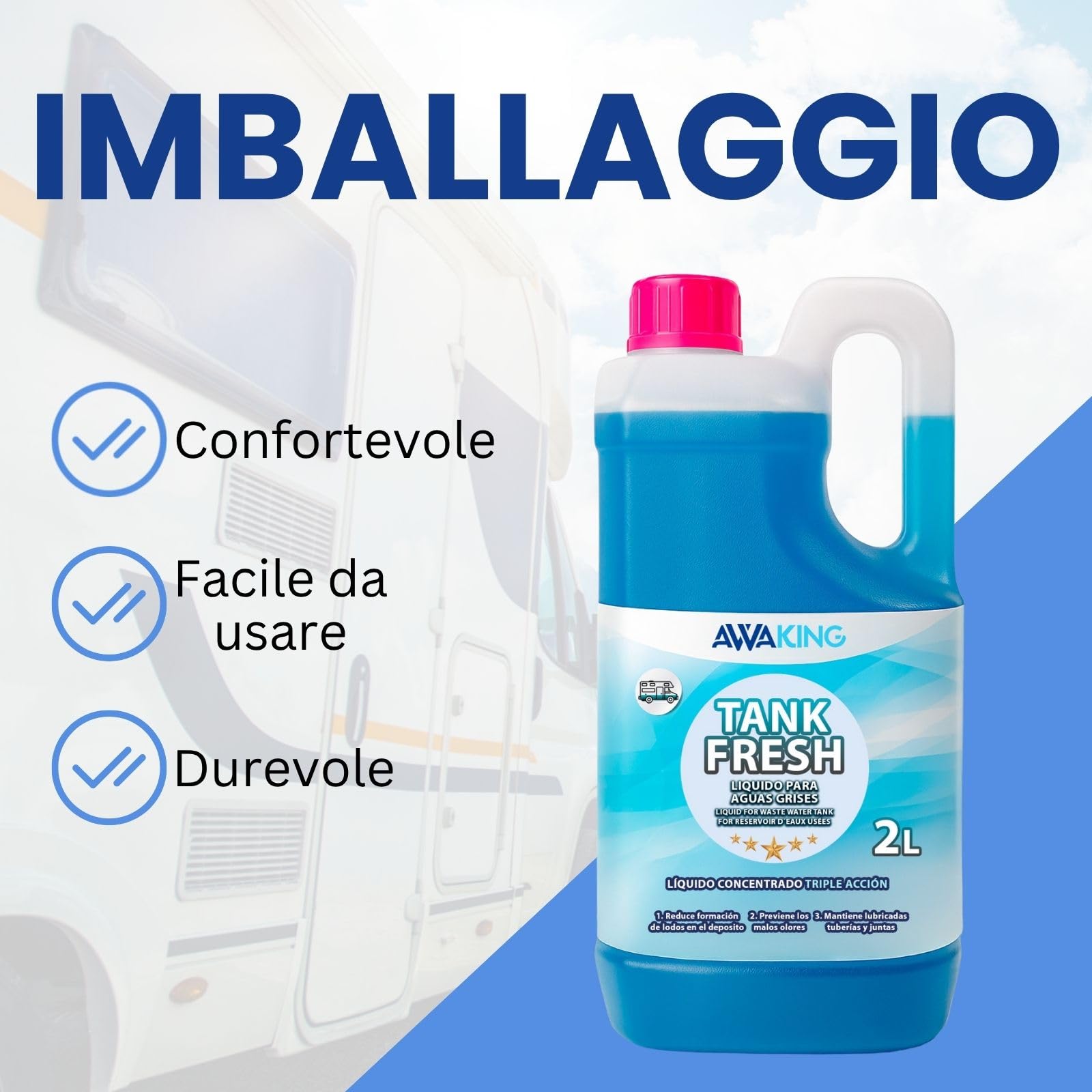 Liquido per camper Tank Fresh 2L AWAKING, liquido additivo acque grigie, scarichi, docce, camper, camper, evitare cattivi odori, biodegradabile, aromatizzante, altamente efficace