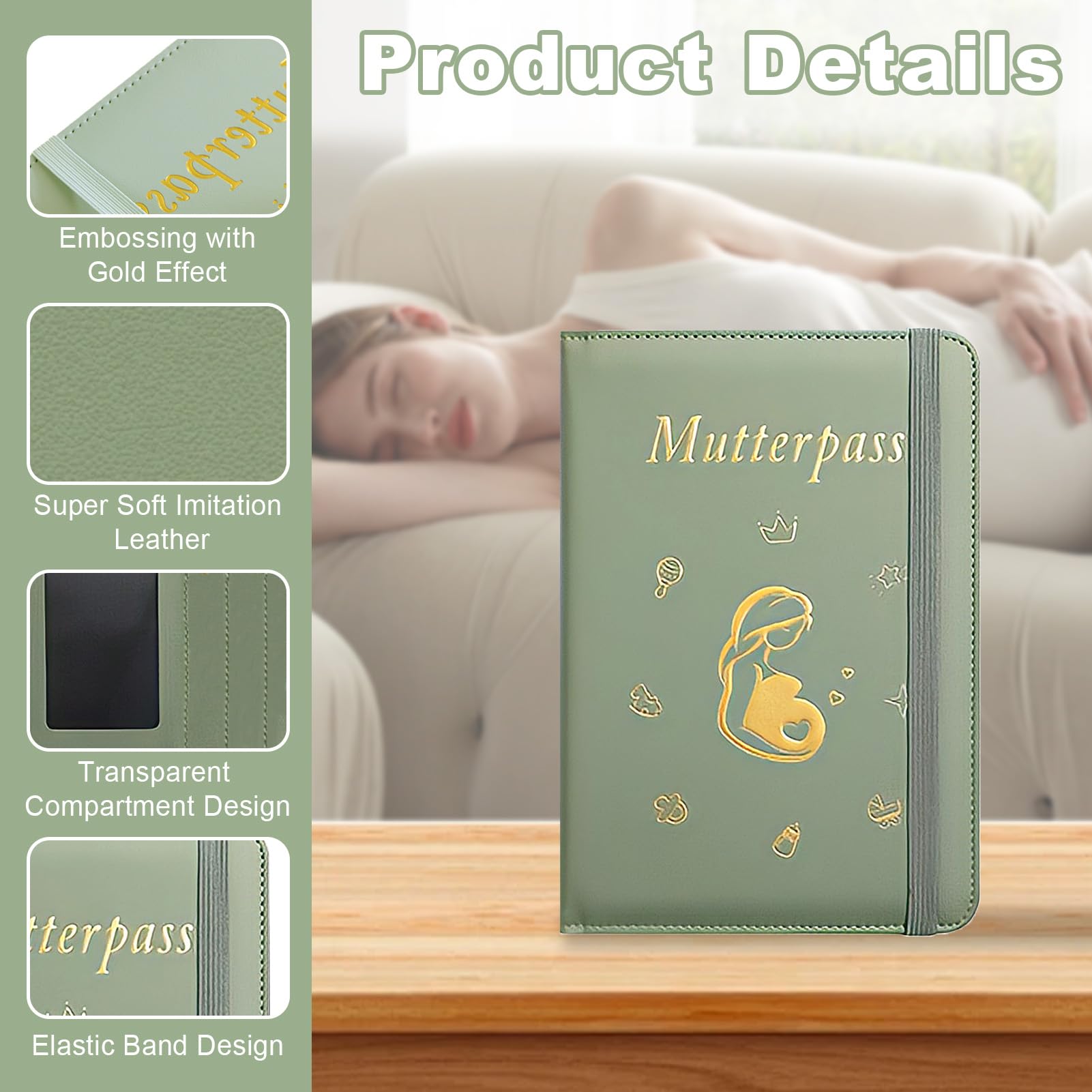 Funda para pasaporte de maternidad de piel sintética, para carné de maternidad (9 compartimentos), color verde