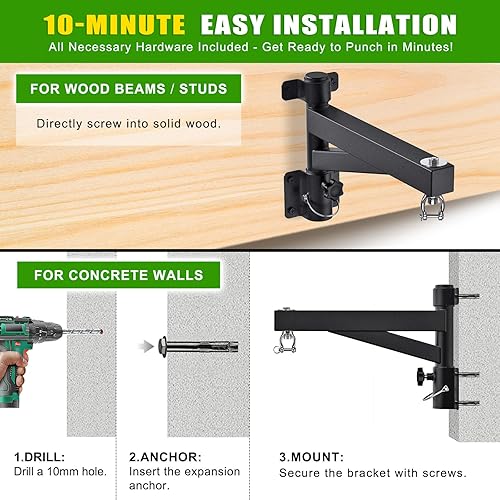 Miniatura 6 de Kipika Colgador de pared para bolsa pesada, soporte giratorio para bolsa de boxeo resistente para gimnasio en casa, longitud ajustable para bolsa de