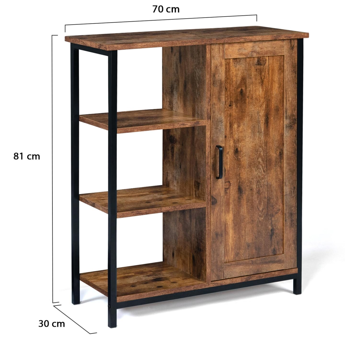 IDMarket - Aparador auxiliar con 3 estantes y armario de 70 cm Dayton efecto envejecido, diseño industrial