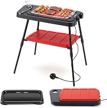 COSTWAY 2-in-1 Electric BBQ Grill 2000W with Dual Plates & Detachable Stand | Adjustable Temperature, Adjustable Height, Low-Smoke Electric Griddle & Grill, Indoor Outdoor Patio Grill, for Balcony Party