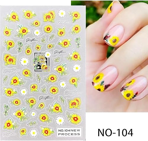 Miniatura 5 de 6 hojas de calcomanías de uñas de margaritas para arte de uñas, mariposa, flores, calcomanías de uñas 3D de flores amarillas y blancas, calcomanías