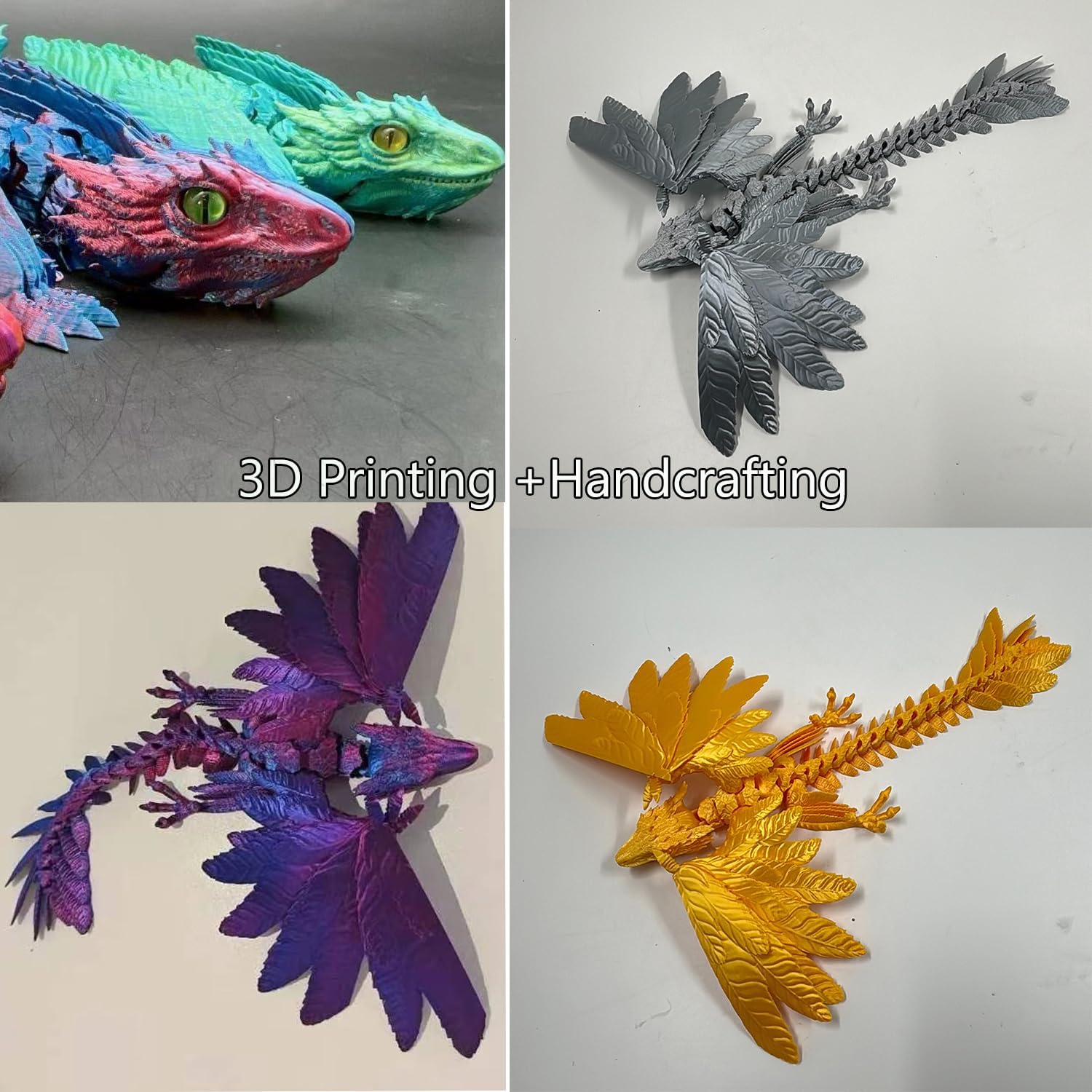 QINGMIAO 3D Printed Dragon, Feathered Wyvern Dragon, 3D Printing Toys, Articulated Dragon, Fidget Dragon, Home Office Decor Desk Toys Pet (Green)