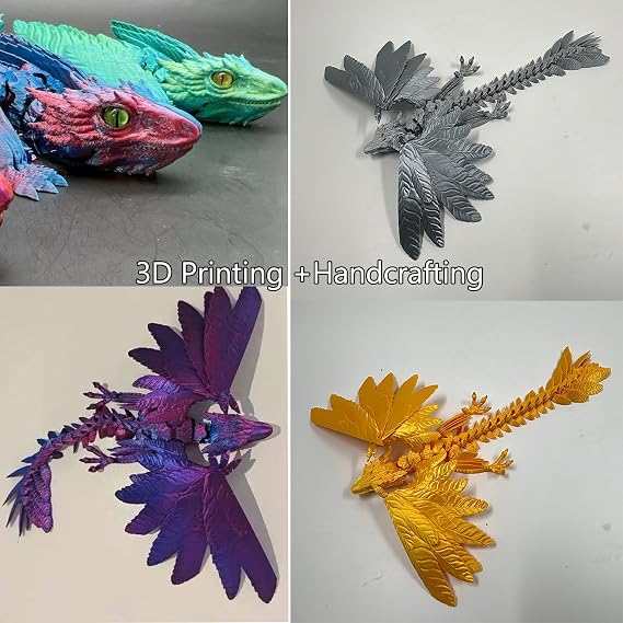 QINGMIAO 3D Printed Dragon, Feathered Wyvern Dragon, 3D Printing Toys, Articulated Dragon, Fidget Dragon, Home Office Decor Desk Toys Pet (Gold)